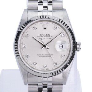 ROLEX DATEJUST SILVER SQUARE DIAMOND DIAL STEEL FLUTED JUBILEE WATCH 36 MM 16234